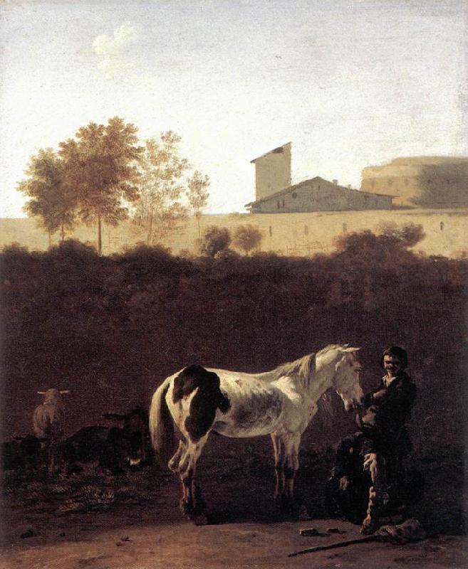 DUJARDIN, Karel Italian Landscape with Herdsman and a Piebald Horse sg France oil painting art